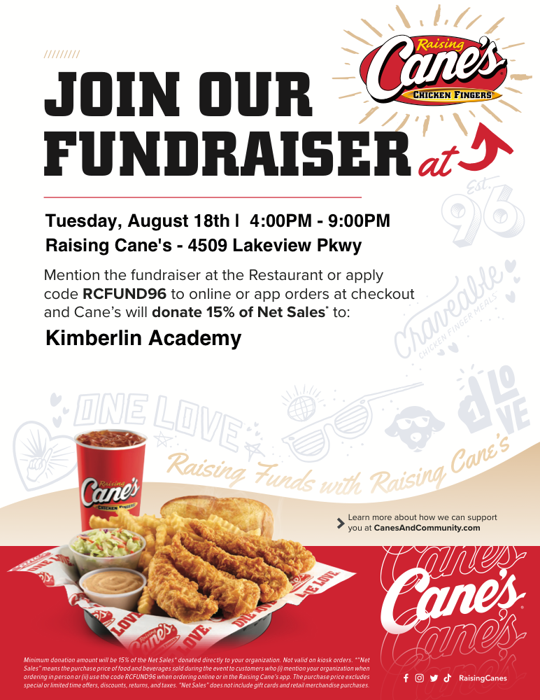 Raising Cane's Spirit Night flyer, Tuesday August 18th, 4-9pm